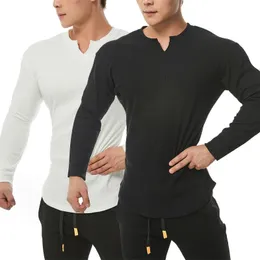 Moda casual camisa de compressão grande esportes treino tshirt masculino elástico manga longa outono vneck ginásio 240219