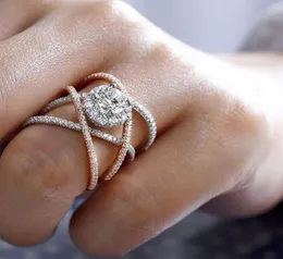Ladies Fashion Creative Cross Rose Gold Flower Crystal Ring Designer Engagement Bridal Diamond Couple Ring Gift6298667