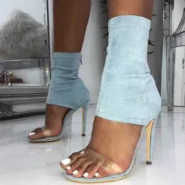 Сандалии 2019 женские босоножки на высоком каблуке на молнии с кристаллами ПВХ сексуальные подгузники на носке модная эластичная джинсовая женская летняя обувь J240224