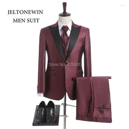Men's Suits Latest Coat Pant Designs 2024 Brand Shiny Burgundy Men For Wedding Groom Peaked Lapel Slim Fit 3 Pieces Prom Tuxedos
