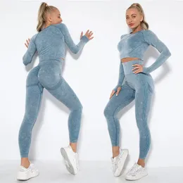 Kadınlar Dikişsiz Yoga Set Fitness Sports Suit Salon Giyim Uzun Kollu Mahsul Üst Gömlek Yüksek Bel Çayık Tozluk Egzersiz Pantolonları 240223