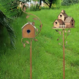 Nests 1pc Metal Birdhouse Stake Feeder Bird Cages Art Outdoor Rustic Bird House Bracket 8x20cm Garden Patio Decoration Gift