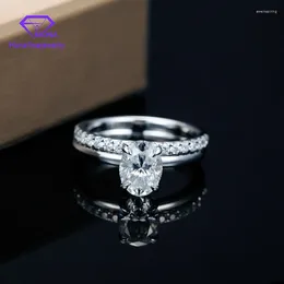 Cluster Rings Bridal Set 10K White Gold Oval Hybird Cut 6X8mm Egg Shape Center Moissanite Diamond Ring