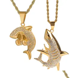 Pendant Necklaces Fashion Gold Plated Stainless Steel Bling Diamond Mens Shark Chain Necklace Personalized Hip Hop Rapper Jewelry Gi Dhgzu