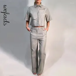 Calças femininas de duas peças wefads 2 conjuntos para mulheres verão moda lapela chique oco para fora curto topo sólido solto com bolsos conjunto streetwear