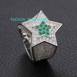 Mrożony Vermeil Moissanite Pierścień Bling 925 Silver Green VVS Diamonds Five Star Pierścienie Biżuteria Hip Hop dla kobiet Rapper