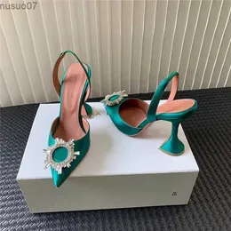 Сандалии Amina Muaddi, шелковые туфли на остром высоком каблуке с подсолнухом и стразами, сексуальные сандалии на стеклянном каблуке в том же стиле L2402