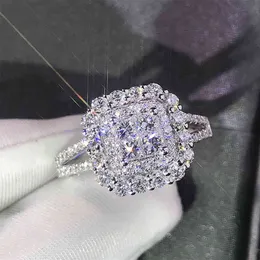 راتبة مربعة رائعة رنين Full Bling Iced Out Micro Pave Zircon Zircon Ring Bridal Ring Wedding Rings317C