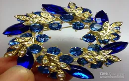 Altın Tonu Kraliyet Mavi Rhinestone Crystal Diamante Çelenk Çiçek Partisi Diamante Broş Pin4348505