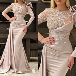 Graceful O Neck Mermaid Evening Dresses Applique Beaded Prom Dress Sheer Long Sleeve Formal Dress for Special Occasion