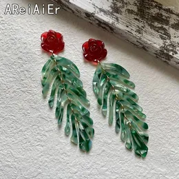 Stud Earrings Vintage Red Rose Green Leaf Tassel For Women Long Earring Color Contrast Jewelry Wedding Event Pendant Gift Fashion