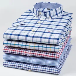 2023 100 puro cotone da uomo Oxford manica corta colletto quadrato Soild plaid a righe camicie casual estive camicia a tasca singola 240219