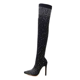 Сапоги, новые модные женские носки на высоком каблуке со стразами, ботильоны из эластичной ткани, сексуальные сапоги выше колена 220913