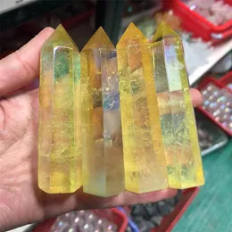 Decorative Figurines Quartz Crystal Aura Yellow Wand Point Natural Stones Polished Healing Reiki Gemstones Home Decoration