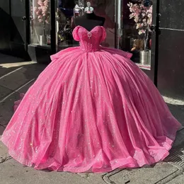 Watermelon Red Quinceanera Dresses Shiny Beads Crystal Bow Princess Birthday Party Dresses Off Shoulder Ball Gown Vestido De 15 Anos