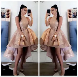 Bling Bling Pulinler Gül Altın Yüksek Boyun Balo Elbiseleri 2024 Seksi Kısa Ön Arka Arka Kolsuz Parti Gece Gowns Vestido De Gala