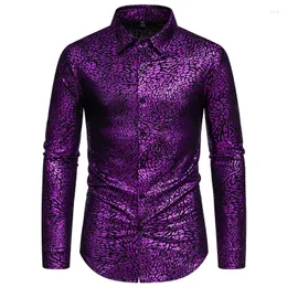 Camisas de vestido masculinas roxo para festa hip hop leopardo impressão manga longa smoking masculino elegante tendência nightclub banquete chemise