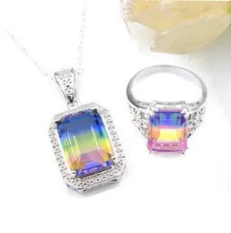 2PCSSET NEW Wedding Party Pendant Ring Smycken Set Bi Falled Tourmaline 925 Sterling Silver Necklace Lady Exquisite Sets4423960