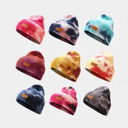 Berets Woman Man Tie Dyed Cap Knitted Hat Autumn And Winter Sport Leather Label Warm Beanie Gorros For Women Men