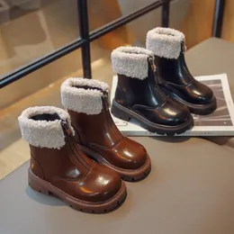Детские зимние ботинки, однотонные детские ботинки на платформе с молнией спереди, модные ботинки до середины икры, размеры 26–36, черные, коричневые, унисекс, обувь для мальчиков и девочек 240219