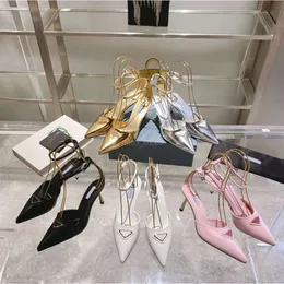 Cat Heel Sandals Fashion Designer Shoes Women 6.5CM Stiletto Heeled Genuine Leather Pointed Toe Wrap Dress Shoe Ankle Strap Buckle Gold Silver High Quality Sandal