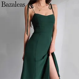 Lässige Kleider Bazaleas Women Traf Offizieller Store REF Sommer Elegant Sexy Split Retro Schlank Grün Röhrenoberteil Midikleid Party