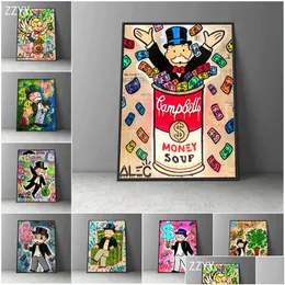 Dipinti Iti Opere d'arte Alec Monopoly Rich Man Dollars Money Pop Art Canvas Poster Pittura Cartoon Street Wall Pictrue Home Drop Deliv Dhtgu