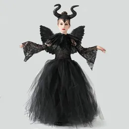 Flicka klänningar halloween svart drottning cosplay costume för spetsklänning festlig barn upp tunika pannband hylsa vinge 4pc outfit kid frock