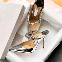 Stiletto Heel Mules tofflor Crystal-embellished Anklet Point Toe Pumpar Shoes Rhinestone Pärlade sandaler Kvinnor Lyxiga designers sko fabrikskor med låda