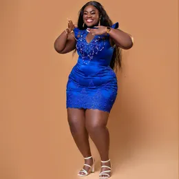 Plus Size Aso Ebi Cocktail Kleider Royal Blue Blue High Neck Kurzärmele Perlen Spitzen Quasten Kurzmini Kleid Graduktionskleider Geburtstagsfeier für Nigeria Frauen C040