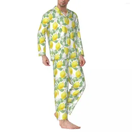 Men's Sleepwear Lemon Tree Pajamas Men Flower Floral Print Cute Room Autumn 2 Pieces Aesthetic Oversize Design Pajama Set