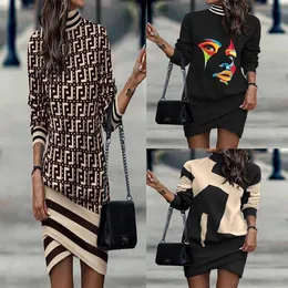 デザイナーの女性の長袖のハイネックの印刷された不規則なドレス2024春、秋、冬の服アジアサイズS-3XL