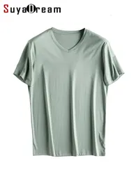 SuyaDream Herren-T-Shirt, einfarbig, Baumwoll-Seidenmischung, einfarbig, O-Ausschnitt, kurzärmelig, gemütliche T-Shirts, Sommer, schlichtes schickes Top, Weiß Schwarz 240223