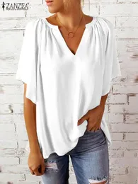Blusas femininas camisa de cor sólida zanzea moda casual solto com decote em v blusa branca vintage alargamento meia manga topos férias escritório pregas