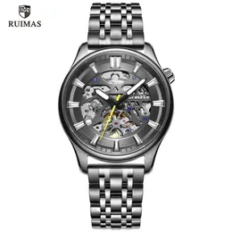 Ruimas Men Black Automatic Watches Luxury Business Stainless Steel Watch Man Top Brand Skeleton Mechanical Wristwatch 6770249H