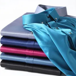 Herren-Seidenhemden, langärmelig, mit Drill-Knopf, einfarbig, 3XL, seidig, geschäftlich, formell, sozial, bügelfrei und knitterfrei, weiche Modekleidung 240219