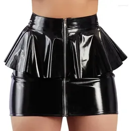 Etekler s-xl seksi siyah kırmızı ıslak görünüm pvc lateks paket kalça kalem etek vinil fermuar fırfırlar parlak kulüp giysisi bodycon mini