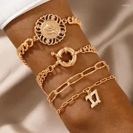 Charme pulseiras 4 pçs/sets vintage cor de ouro liga número artesanal geometria irregular pulseira ajustável para presente feminino jóias