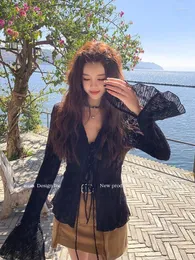 Women's Blouses Sexy See Through Women Blouse Korean Hollow Out Sun Proof Tops Beach Flare Sleeve Female Slim Solid Lace Up Casual Shirt