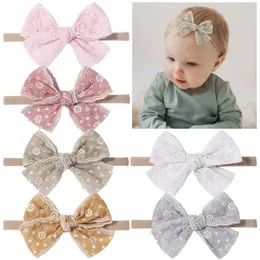 Hair Accessories Cloth Embroid Hollow Out Flower Big Bowknot Nylon High Elastic Hairband For Baby Girl Cute Kawaii Pink Headband