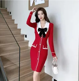 Vestido feminino plus size francês vintage com manga flare para mulheres com decote em O, botão pérola, escritório, elegante, vestido midi coreano