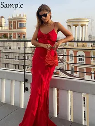 Casual Dresses Sampic Women Spaghetti Strap V Neck Maxi Elegant Dress 2024 Summer Ruffles Backless Sleeveless Party Bodycon Red
