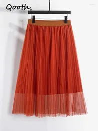 Skirts Qooth Elastic Waist Solid Color Mesh Tutu Skirt Elegant Long Thin Tulle For Spring Summer QT2117