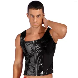 Canotte da uomo Sexy Cerniera da uomo in pelle verniciata Top con scollo a U Gilet senza maniche Moda Effetto bagnato Party Clubwear Pole Dancing Rave Outfit