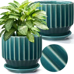 식물 냄비 6 인치 세라믹 실내 식물 세트 배수 구멍과 접시로 네트가있는 2 개의 꽃 독특한 딱딱한 유약 디자인 (Aqua Green)