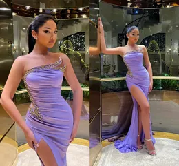 Charming Purple Mermaid Prom Dresses Long for Black Women Strapless Beaded Sequined High Side Split Sweep Train Evening Party Gowns Birthday Pageant Gowns Custom