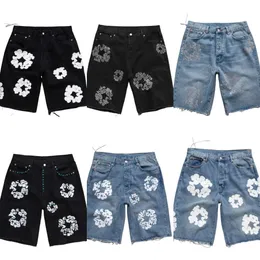 Denim jeans shorts homens designer mulheres curto jean para homens alta qulity buracos retos apertado flor impressão shortpants magro hip hop rua calças pretas roupas 718