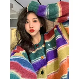 MEXZT Rainbow Striped Knitted Cardigan Women Harajuku Oversized Sweater Coat Vintage Streetwear Loose Knitwear Casual Jumpers 240219