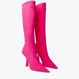 2023 New Sharp Toe Shaped Heel High Heel Rhinestone Elastic Long Boots Fashion Show Large Size Women's Boots