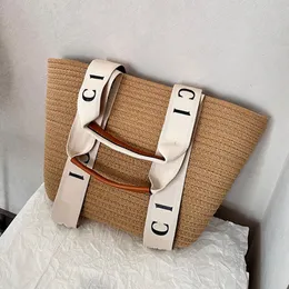 Borsa da spiaggia estiva Borsa di paglia Borsa da viaggio Borsa Lafite Erba intrecciata Colore Tote Borse Borse a tracolla per lo shopping di grande capacità Borse per vacanze casual Scava fuori le borse